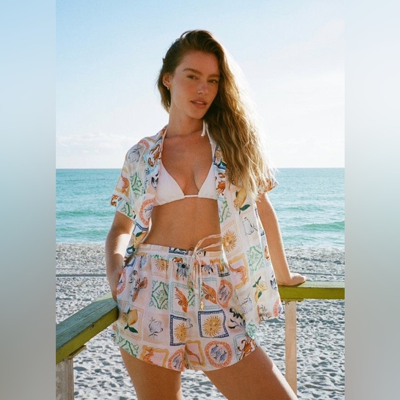 Seafolly Short-Sleeve Wish You Were Here Cover-Up Shirt in Atoll Blue Medium - Picture 6 of 11